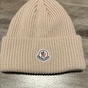 Moncler Pale Pink Ribbed Knit Beanie with Logo Patch